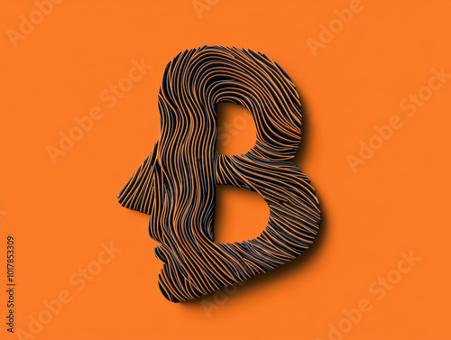 Creative design featuring stylized letter B shaped like human profile, with intricate lines and an orange background. This artwork showcases modern aesthetics and artistic expression