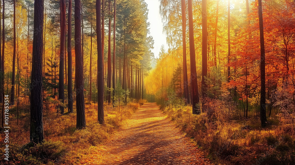 Obraz premium A wide forest trail flanked by tall trees displaying a blend of gold, crimson, and burnt orange leaves, with sunlight dappled across the path. Autumn landscape, fall foliage