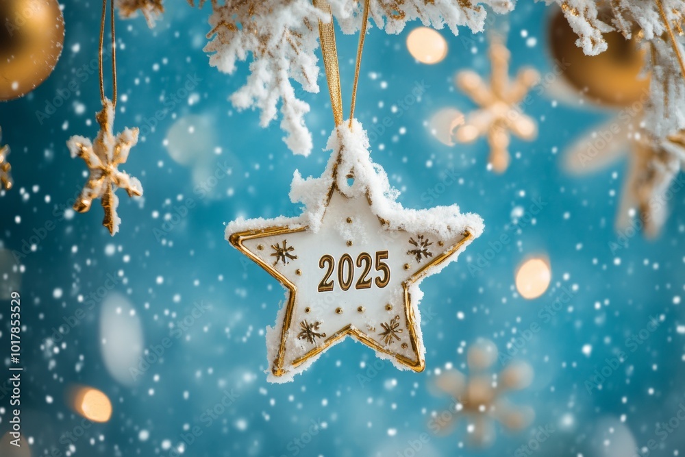 Winter holiday decoration featuring a snow-covered star ornament with the year 2025 prominently displayed against a festive background Winter holiday decoration featuring a snow-covered star ornament with the year 2025 prominently displayed against a festive background