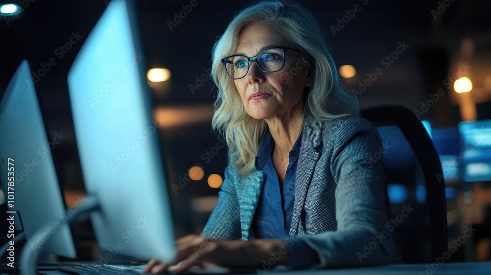 Serious aged businesswoman working at her desk, check infographic with charts, noting, writing information, carefully examines data, prepare financial report, analyzing trends, make strategic decision Serious aged businesswoman working at her desk, check infographic with charts, noting, writing information, carefully examines data, prepare financial report, analyzing trends, make strategic decision