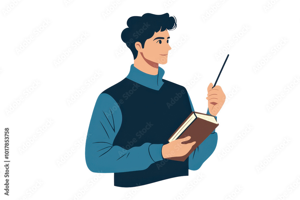 Illustration of a thoughtful man holding a book and pen, symbolizing creativity and learning against a plain background. Illustration of a thoughtful man holding a book and pen, symbolizing creativity and learning against a plain background.