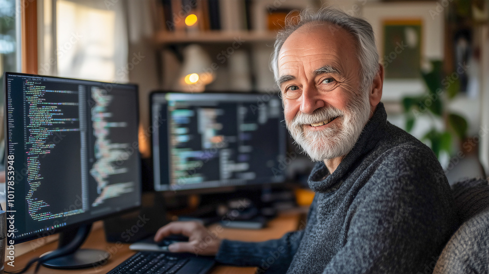 Senior man learning how to coding with PC desktop at home , happy retirement concept . learning new skill concept . Senior man learning how to coding with PC desktop at home , happy retirement concept . learning new skill concept .