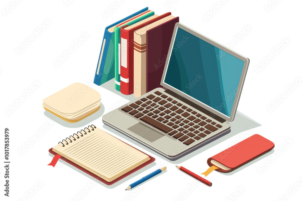 Illustration of a laptop, books, notebook, and stationery on a desk, perfect for educational or work-related themes. Clean and modern design. Illustration of a laptop, books, notebook, and stationery on a desk, perfect for educational or work-related themes. Clean and modern design.