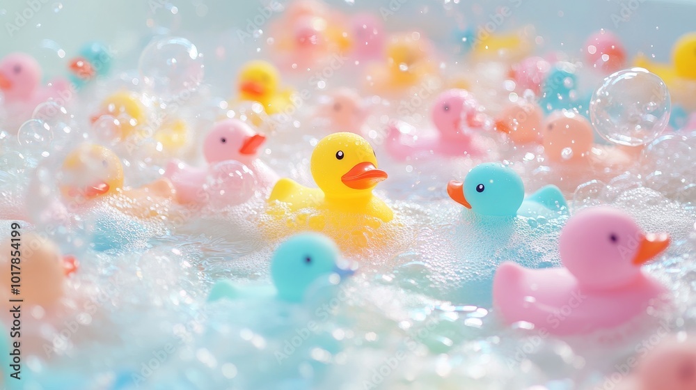 A playful scene of colorful rubber ducks floating in soapy water, creating a fun and cheerful atmosphere. A playful scene of colorful rubber ducks floating in soapy water, creating a fun and cheerful atmosphere.