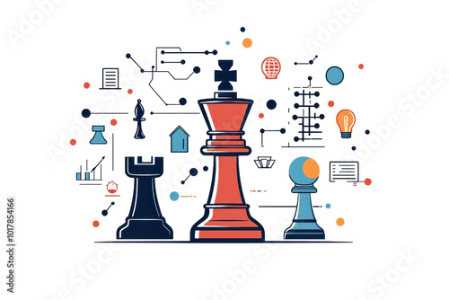 Abstract illustration of chess pieces intertwined with digital technology symbols, representing strategy and innovation in modern business. photo