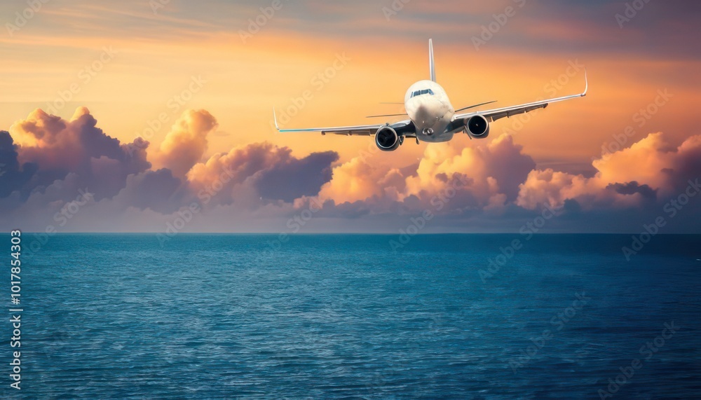 Fototapeta premium Airplane flying over tropical sea at sunset White passenger plane flying in the sky 