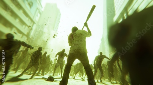 Defiant Survivor in Zombie Outbreak - Cinematic Street Showdown With Baseball Bat, Resilience Against Undead Horde in Detailed Shot With Dramatic Lighting