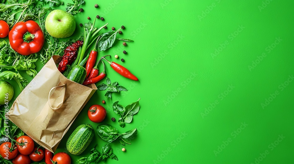 Vibrant Array of Fresh Vegetables and Fruits in Eco-Friendly Bag on Green Background Vibrant Array of Fresh Vegetables and Fruits in Eco-Friendly Bag on Green Background