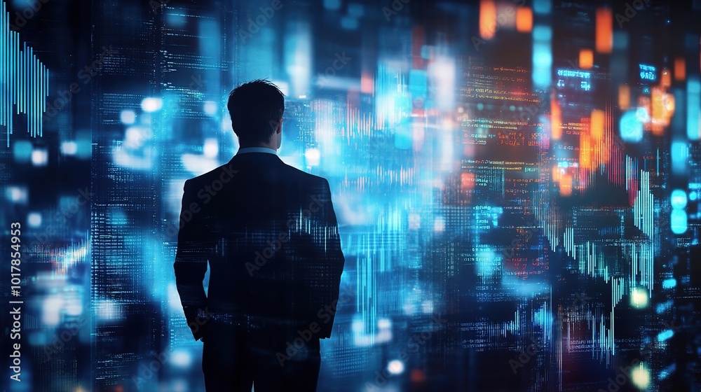 Businessman in Digital Cityscape with Data Visualization Businessman in Digital Cityscape with Data Visualization