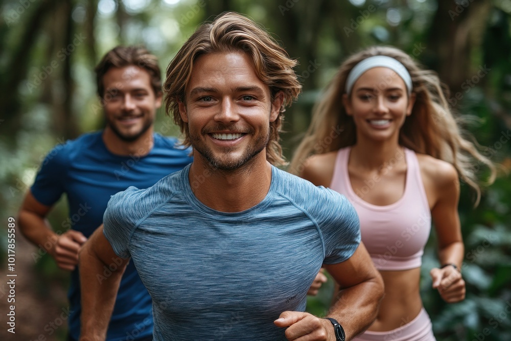 Three friends running in a forest Three friends running in a forest