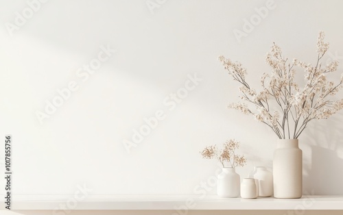 A minimalist display featuring vases with dried flowers against a light wall, creating a serene and stylish atmosphere.