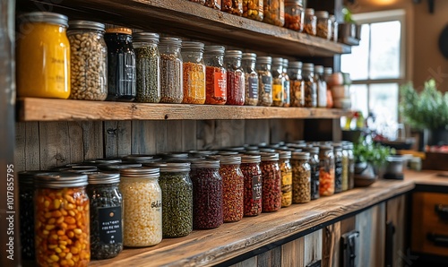 A rustic shelf filled with jars of colorful spices and legumes, showcasing a vibrant culinary collection.