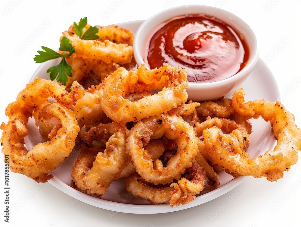 Crispy Fried Calamari with Spicy Sauce Isolated On White Background Crispy Fried Calamari with Spicy Sauce Isolated On White Background
