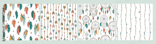 Nursery seamless patterns collection with doodles of feathers, arrows, dream catchers, beads, etc. Good for textile prints, wallpaper, stationery, wrapping paper, etc. EPS 10