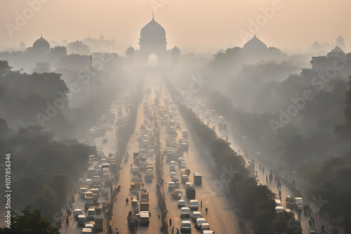 Delhi air pollution, India Gate smog, Urban traffic in Delhi, Smoggy morning at India Gate, Air pollution in New Delhi, Traffic congestion and pollution, Hazy skyline of Delhi Stock Photo. photo