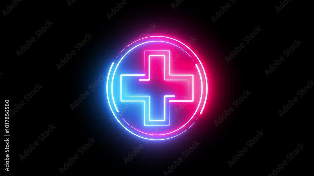 Blue and pink neon glowing medical cross icon on black background. First aid medical symbol.
