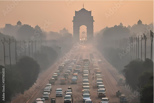 Delhi air pollution, India Gate smog, Urban traffic in Delhi, Smoggy morning at India Gate, Air pollution in New Delhi, Traffic congestion and pollution, Hazy skyline of Delhi Stock Photo.