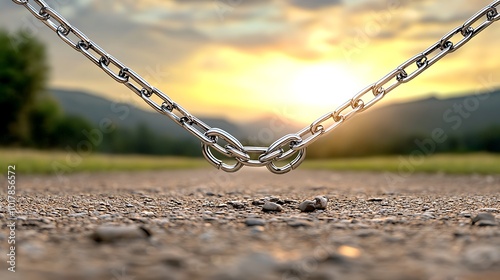 A broken chain left on a deserted path, symbolizing freedom from past grudges and the release from emotional burdens. Ultra-Realistic, Photo Realistic, 