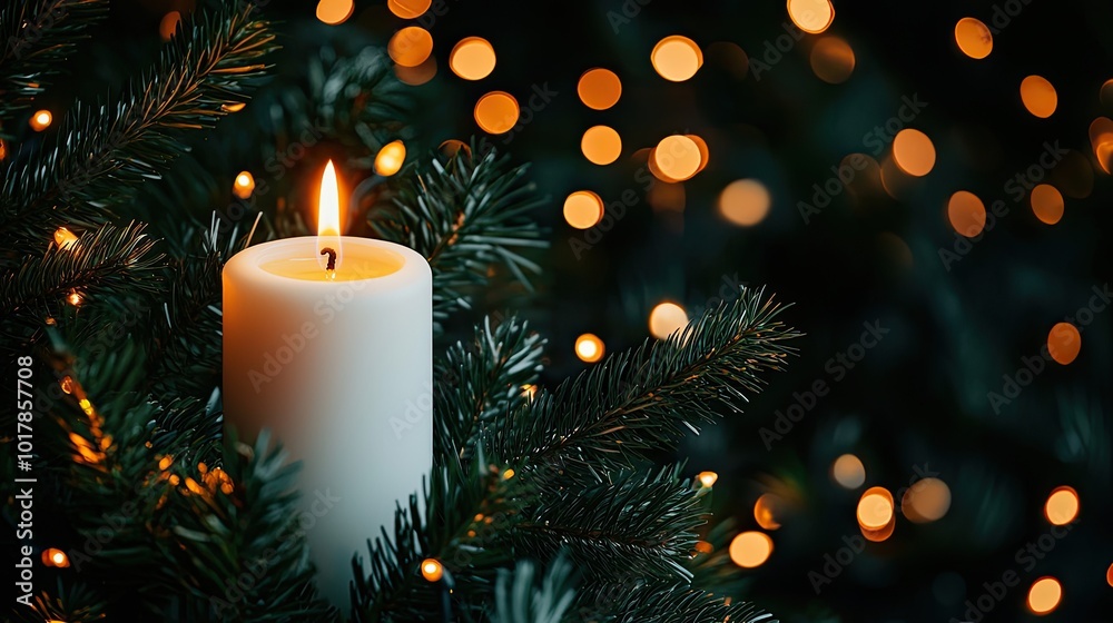 Candle glowing on a Christmas tree, blurred bokeh lights in the background. Candle glowing on a Christmas tree, blurred bokeh lights in the background.