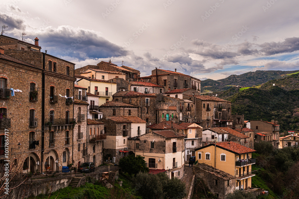 Obraz premium views of the village of Valsinni during a cloudy day, Matera, Basilicata