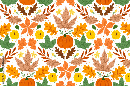 Symmetrical pattern with pumpkin, flowers, oak and maple leaves on white background. Perfect for wallpaper, gift paper, autumn greeting cards.