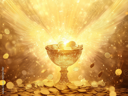 Majestic Chalice Overflowing with Gold Coins, Surrounded by Sacred Geometry and a Pair of Angel Wings, Featuring a Central Pillar of Light and Energy with Glowing Symbols Against Ethereal