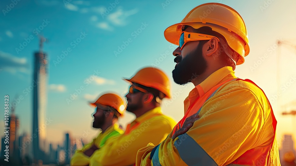 Construction workers in safety gear at a job site during sunset. Construction workers in safety gear at a job site during sunset.