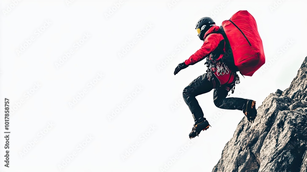 Climber Leaping Across a Gap in a Rocky Mountain Face Climber Leaping Across a Gap in a Rocky Mountain Face