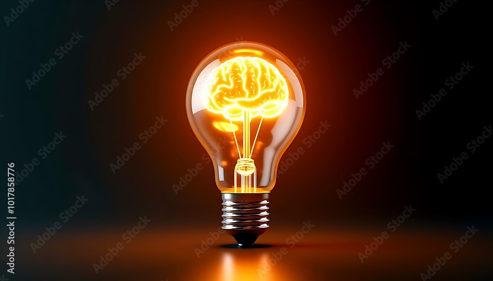 Lightbulb with glowing gold light in human brain on dark background Lightbulb with glowing gold light in human brain on dark background