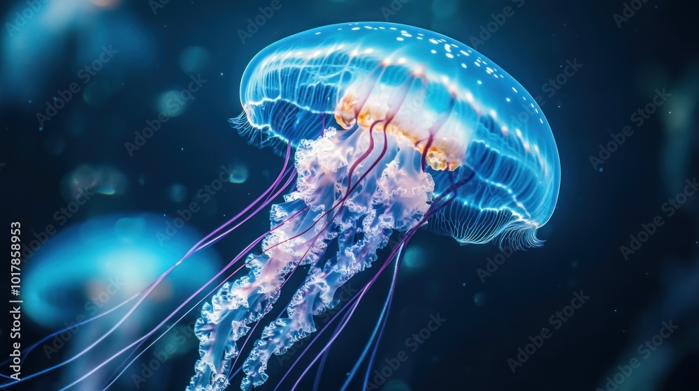 Fototapeta premium jellyfish, transparent body glowing under the water’s surface