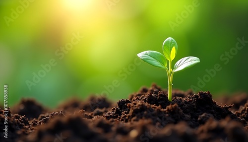 Young plant growing in the soil with green light background, save the world concept