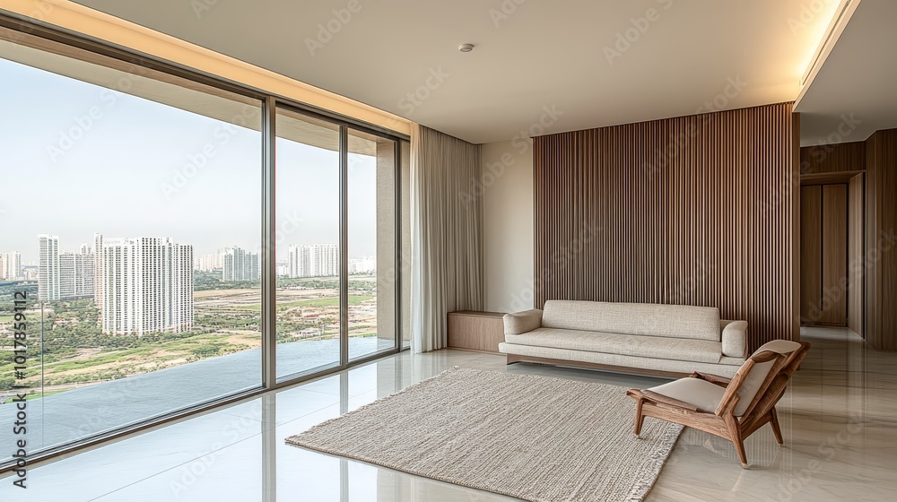 Fototapeta premium Modern, Minimalist Living Room Interior with Cityscape View, Large Windows, and Natural Light