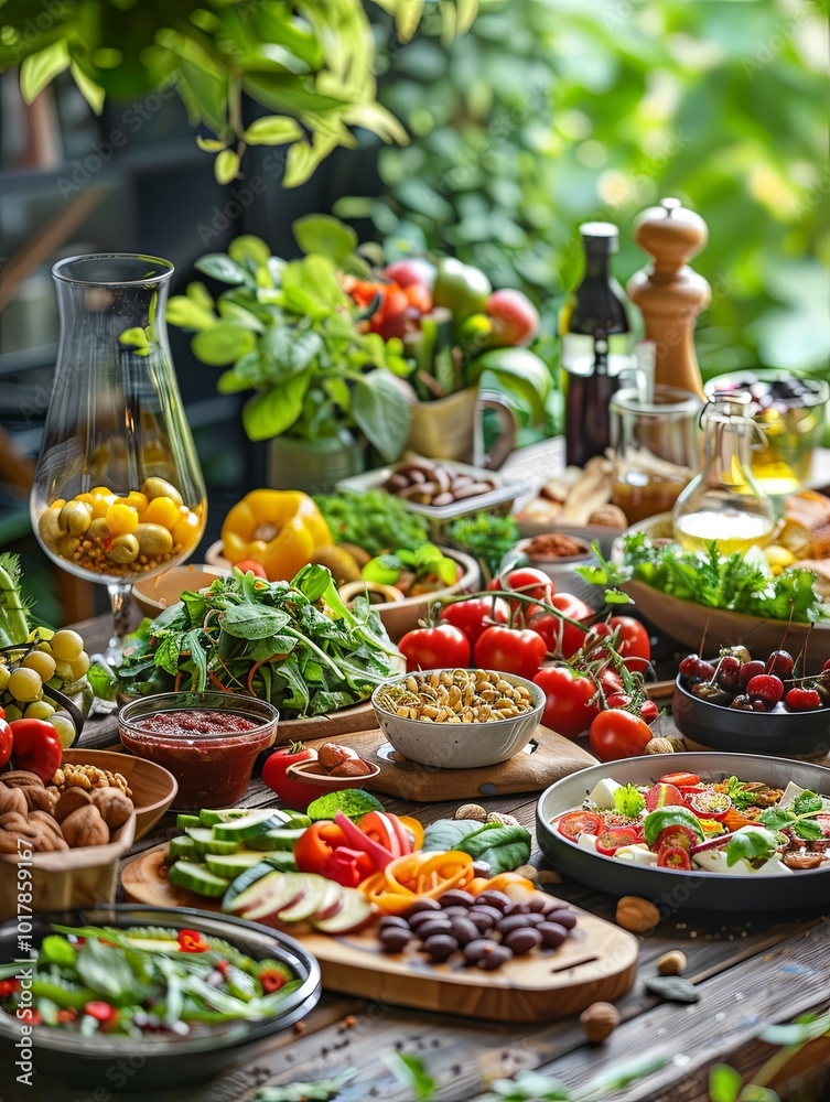 The wooden table showcases a vibrant display of fresh produce, balanced meals, and snacks, highlighting health and wellness. Generative AI The wooden table showcases a vibrant display of fresh produce, balanced meals, and snacks, highlighting health and wellness. Generative AI