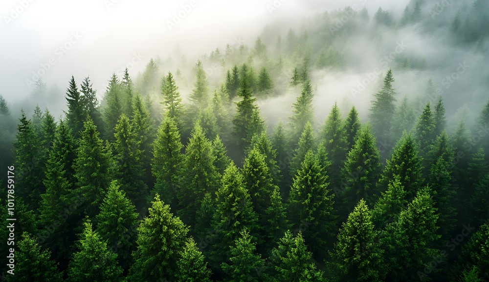 Aerial view of a foggy forest, forest landscape, green trees Aerial view of a foggy forest, forest landscape, green trees