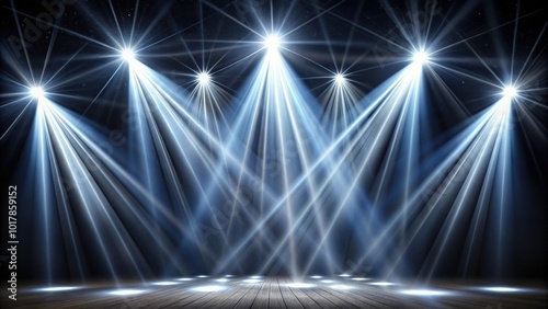 Abstract background of searchlights shining beams of light into the black sky photo