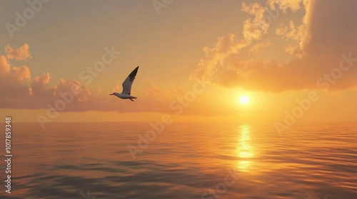 Seagull flying over a serene ocean at sunset