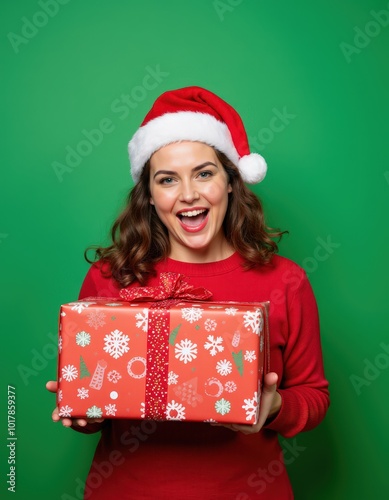 woman in santa hat with gift