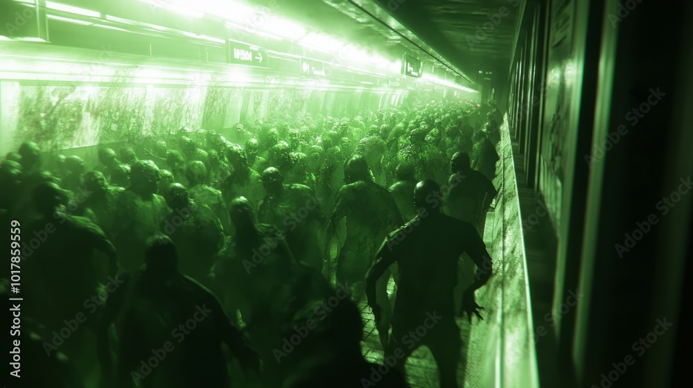 Fototapeta premium Survival Struggle in Crowded Subway Station During Zombie Outbreak - Intense Cinematic Lighting Captures Panic Among Survivors and Frightened Crowd