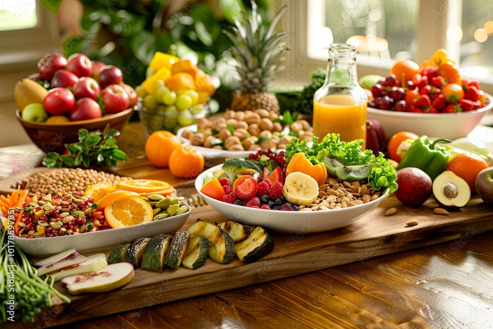 Fresh fruits, colorful vegetables, and nutritious meals create an inviting spread on a wooden table, perfect for a health-conscious gathering. Generative AI Fresh fruits, colorful vegetables, and nutritious meals create an inviting spread on a wooden table, perfect for a health-conscious gathering. Generative AI