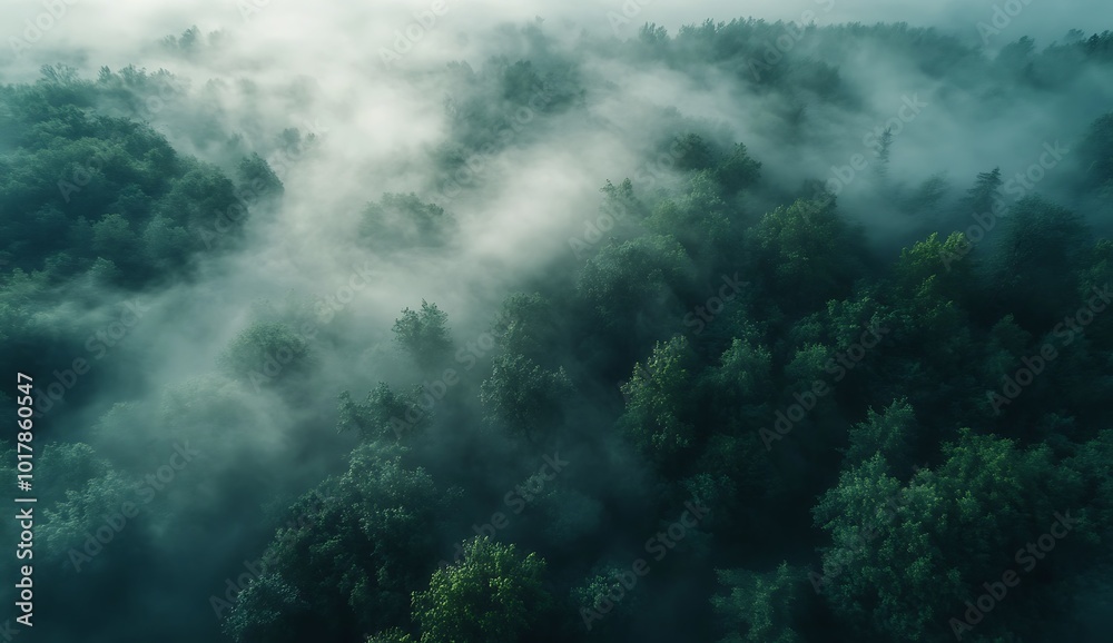 Aerial view of a foggy forest, forest landscape, green trees Aerial view of a foggy forest, forest landscape, green trees