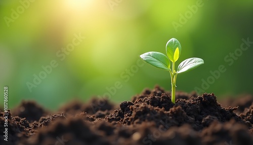 A young plant growing in the soil on green light background, save world concept