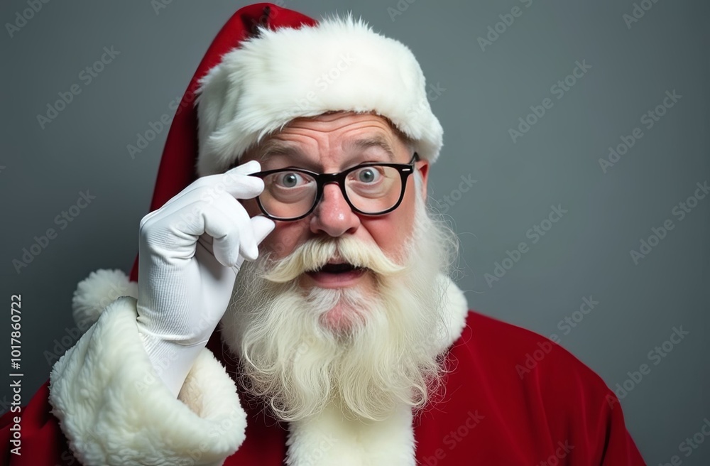 Naklejka premium Santa Claus holding eyeglasses, looking surprised at camera on grey background. Christmas ophtalmologist background. christmas opthalmologyical concept. christmas medical concept
