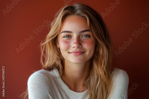 portrait of young happy woman looks in camera, Generative AI