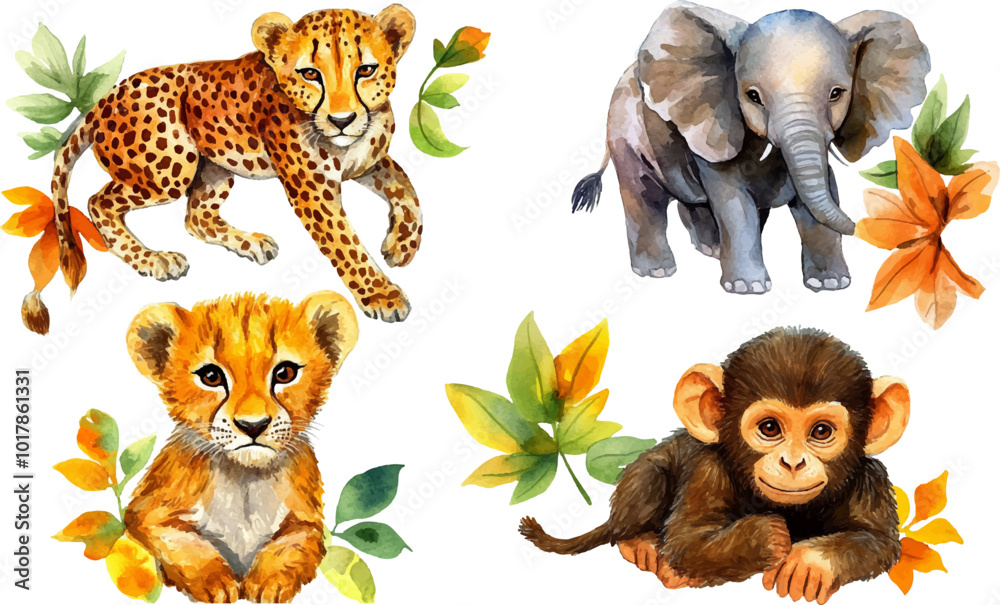Obraz premium A set of watercolor illustrations, featuring various animals with tropical flowers and leaves