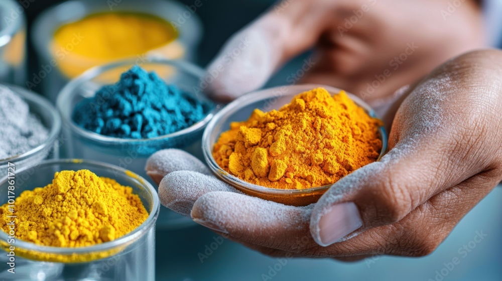 Vibrant Yellow Spice in Hand with Colorful Powders Vibrant Yellow Spice in Hand with Colorful Powders