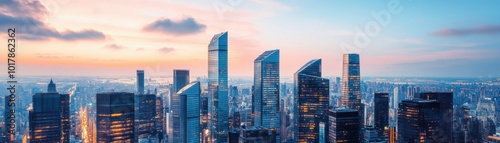 A stunning skyline view featuring tall skyscrapers under a vibrant sunset, showcasing the beauty of modern architecture.