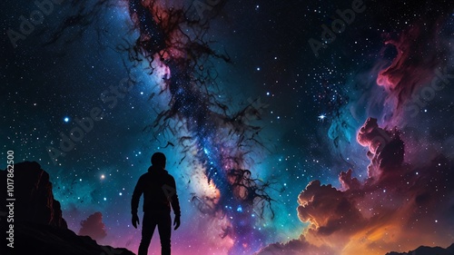 Nebula Guardians A Spectral Being Standing Tall in the Infinite Cosmos The Celestial Giant and the Wanderer A Cosmic Encounter Among Galaxies.