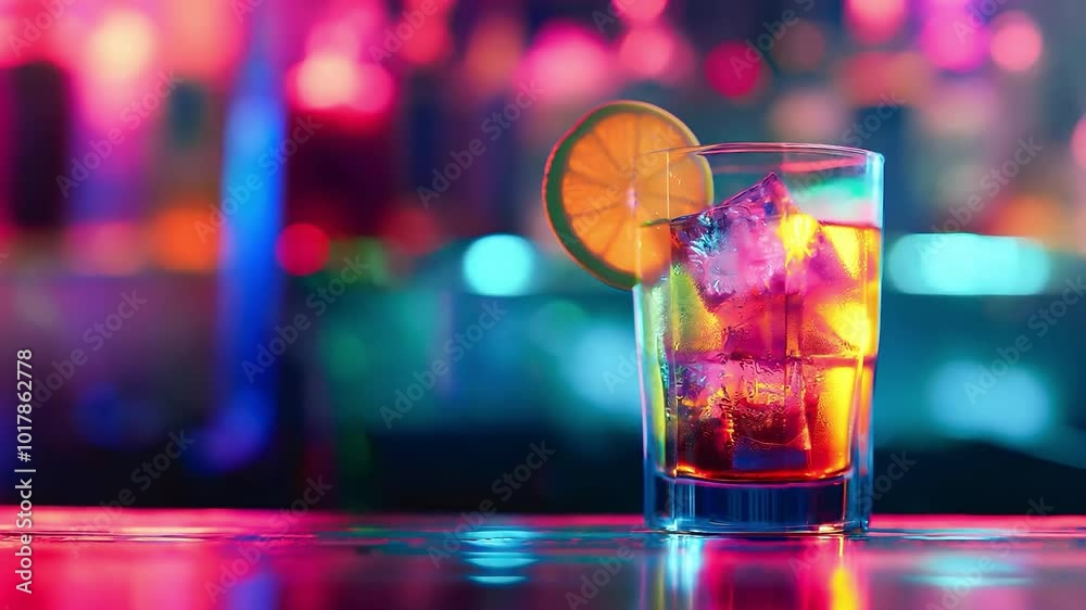 A glass of colorful drinks on the bar with neon light on background A glass of colorful drinks on the bar with neon light on background