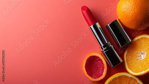 Cosmetics promotion concept, red lipstick on blank background and orange fruit as sweetener.