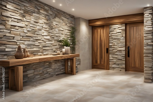Modern house design with entrance hall made of stone tiles wall and wooden rustic table and doors, interior home decoration design concept